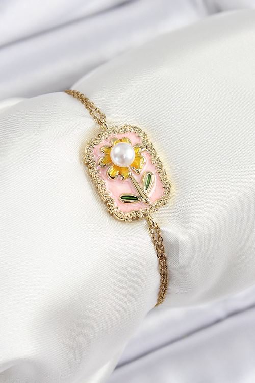 YRTCL 316L Çelik Zincir Pembe Mineli Sanatsal Portre İnci Detaylı Papatya Model Gold Renk Kadın Bileklik
