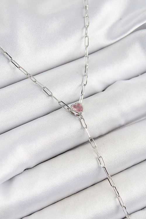 YRTCL Pirinç Zirkon Taşlı Pembe Kalp Figürlü Y Model Gümüş Renk Kadın Kolye