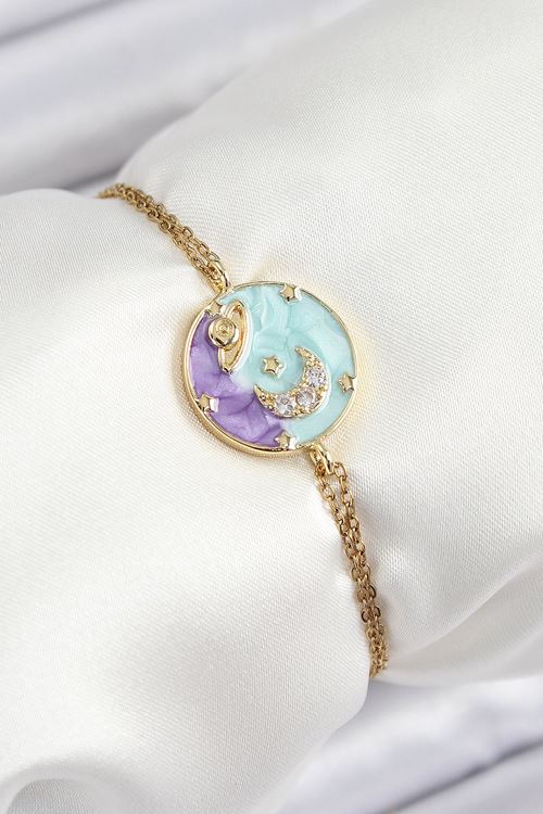 YRTCL 316L Çelik Zincir Mineli Sanatsal Portre Zirkon Taşlı Gezegen Model Gold Renk Kadın Bileklik