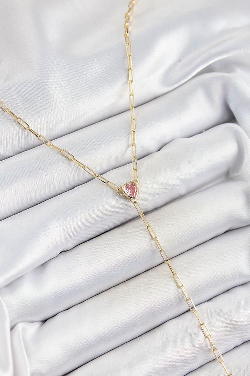 YRTCL Pirinç Zirkon Taşlı Pembe Kalp Figürlü Y Model Gold Renk Kadın Kolye