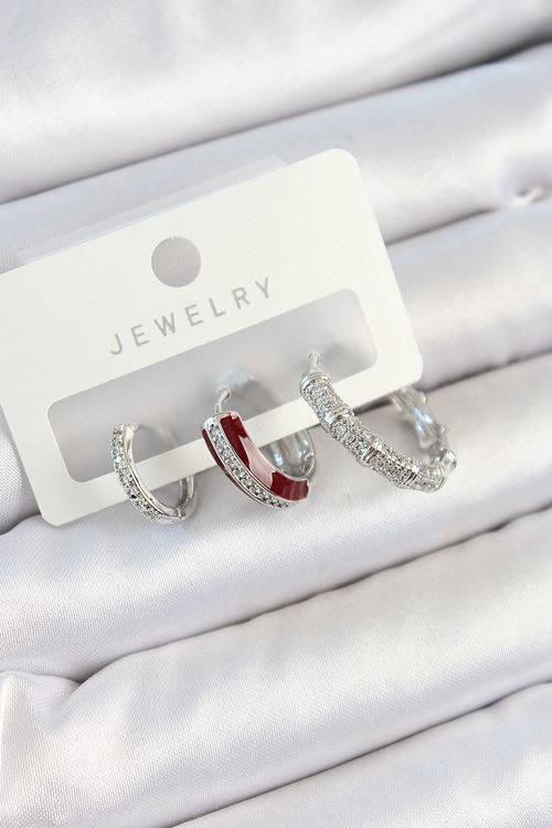 YRTCL Pirinç Zirkon Taşlı Bordo Pembe Halka Model Gümüş Renk 3'lü Çift Kadın Küpe Set