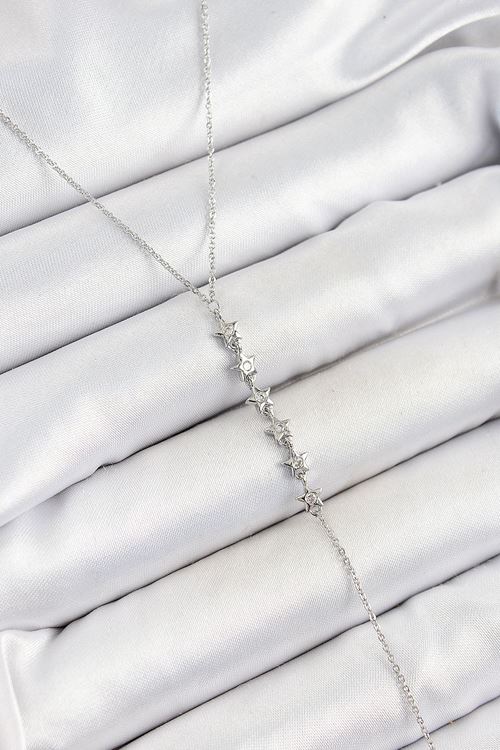 YRTCL Pirinç Zirkon Taşlı Sıralı Yıldız Figürlü Y Model Gümüş Renk Kadın Kolye