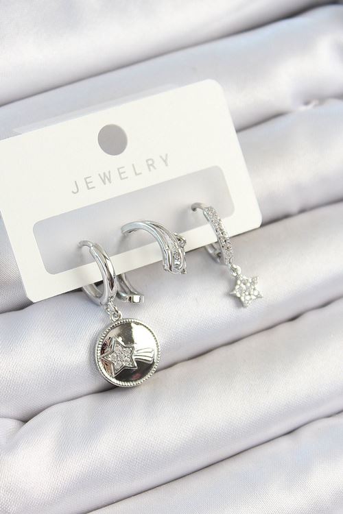 YRTCL Pirinç Zirkon Taşlı Sallantılı Yıldız Model Gümüş Renk 3'lü Çift Kadın Küpe Set