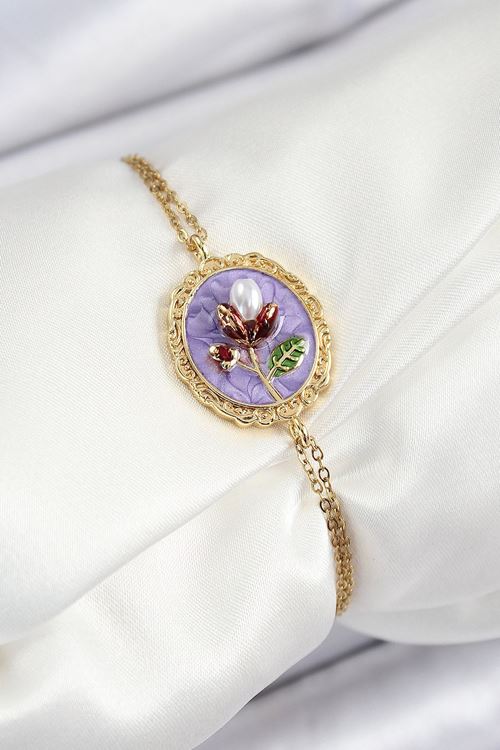 YRTCL 316L Çelik Zincir Mor Mineli Sanatsal Portre İnci Detaylı Lale Model Gold Renk Kadın Bileklik