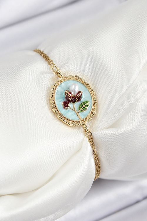 YRTCL 316L Çelik Zincir Turkuaz Mineli Sanatsal Portre İnci Detaylı Lale Model Gold Renk Kadın Bileklik