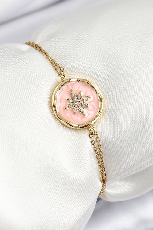 YRTCL 316L Çelik Zincir Pembe Mineli Sanatsal Portre Kuzey Yıldızı Model Gold Renk Kadın Bileklik