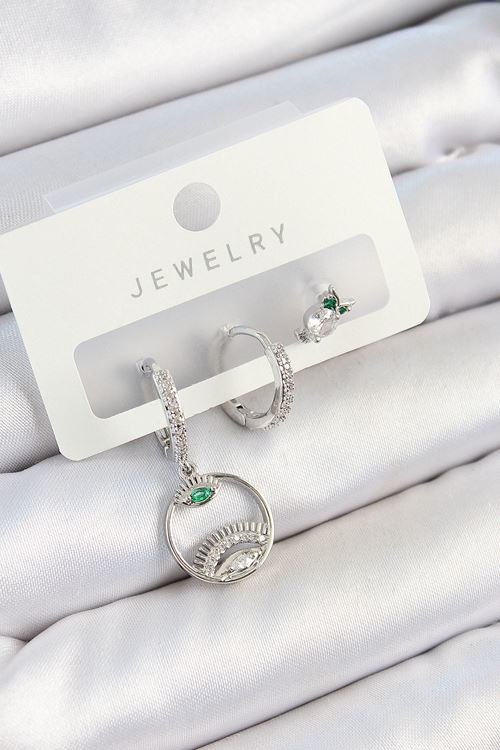 YRTCL Pirinç Zirkon Taşlı Göz Ve Baykuş Model Gümüş Renk 3'lü Çift Kadın Küpe Set