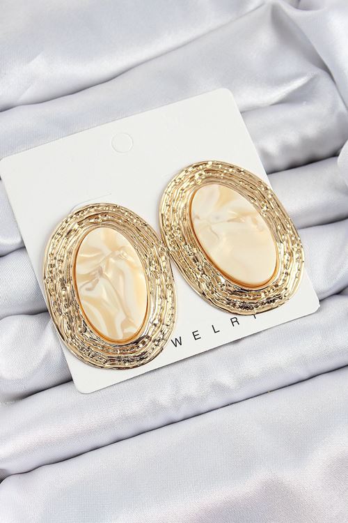 YRTCL Pirinç Mermer Desenlli Bej Sedef Oval Vintage Model Gold Renk Kadın Küpe