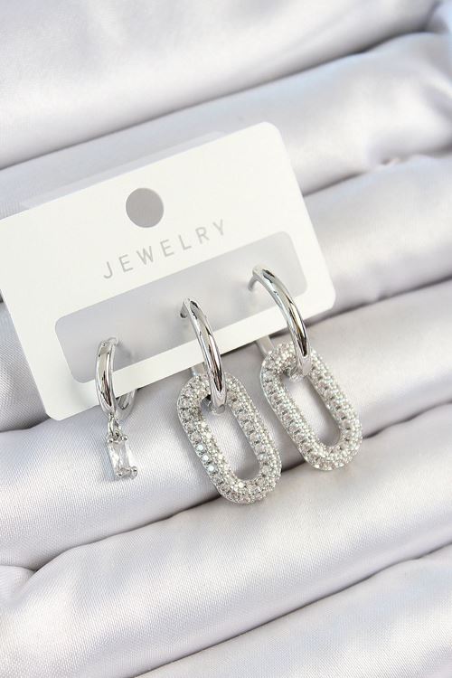 YRTCL Pirinç Zirkon Taşlı Dikdörtgen Model Gümüş Renk 3'lü Çift Kadın Küpe Set