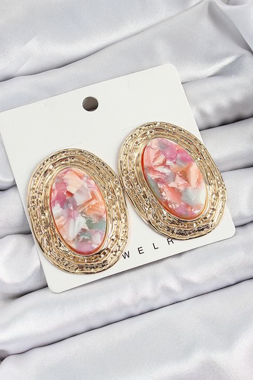 YRTCL Pirinç Mermer Desenlli Pembe Sedef Oval Vintage Model Gold Renk Kadın Küpe
