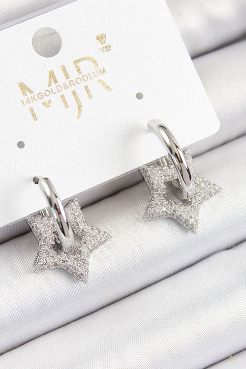 YRTCL Pirinç Zirkon Taşlı Yıldız Figürlü Halka Model Gümüş Renk Kadın Küpe