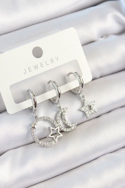 YRTCL Pirinç Zirkon Taşlı Ay Ve Yıldız Model Gümüş Renk 3'lü Çift Kadın Küpe Set