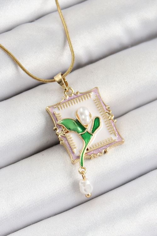 YRTCL 316L Çelik Zincir Beyaz Sanatsal Portre Sallantılı İnci Detaylı Lale Model Gold Renk Kadın Kolye