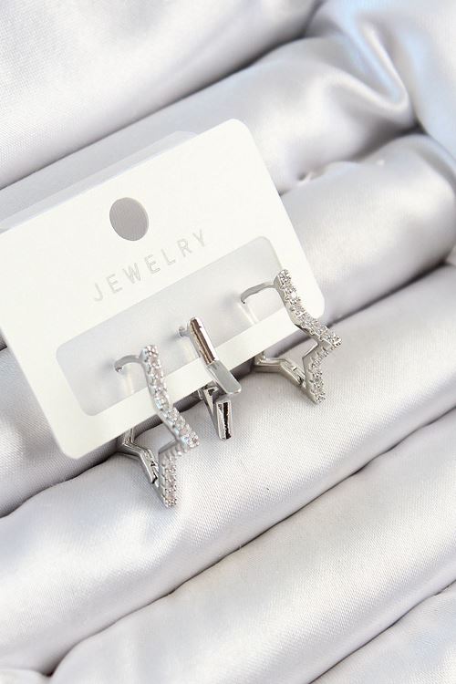 YRTCL Pirinç Zirkon Taşlı Yıldız Model Gümüş Renk 3'lü Çift Kadın Küpe Set