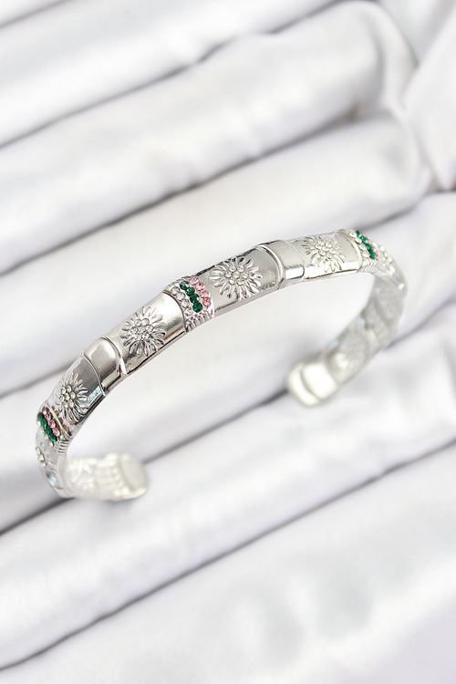 YRTCL Pirinç Karışık Zirkon Taşlı Çiçek Model Gümüş Renk Altı Açık Kadın Bileklik