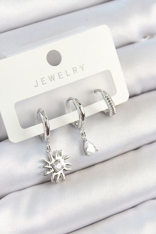 YRTCL Pirinç Zirkon Taşlı Güneş Model Gümüş Renk 3'lü Çift Kadın Küpe Set