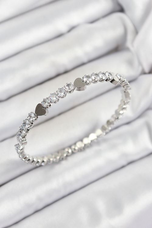 YRTCL Pirinç Zirkon Taşlı Kalp Model Gümüş Renk Yaylı Kadın Bileklik