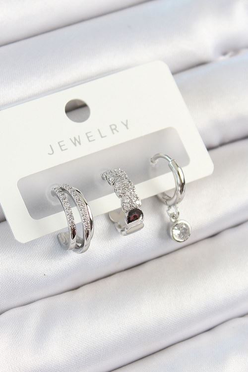 YRTCL Pirinç Zirkon Taşlı Halka Model Gümüş Renk 3'lü Çift Kadın Küpe Set