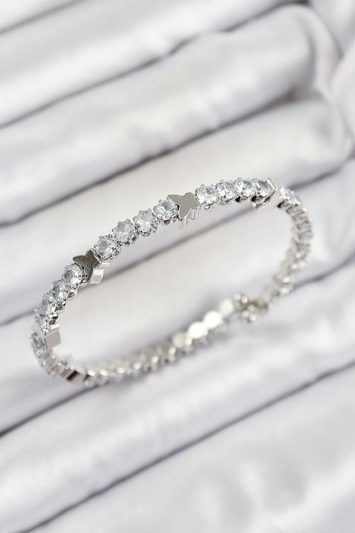 YRTCL Pirinç Zirkon Taşlı Kalp Model Gümüş Renk Yaylı Kadın Bileklik