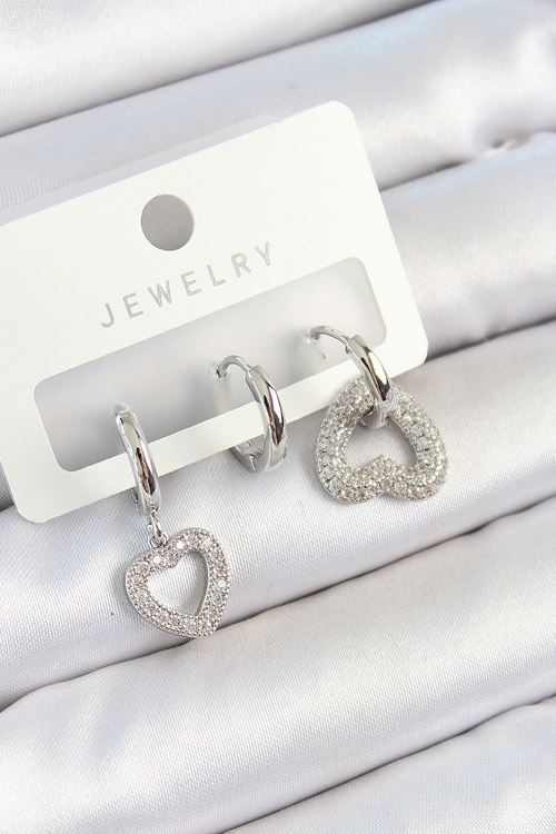 YRTCL Pirinç Zirkon Taşlı Kalp Model Gümüş Renk 3'lü Çift Kadın Küpe Set