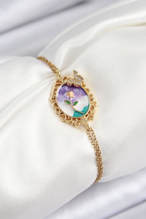 YRTCL 316L Çelik Zincir Mineli Sanatsal Portre Zirkon Taşlı Kelebek Detaylı Çiçek Model Gold Renk Kadın Bileklik