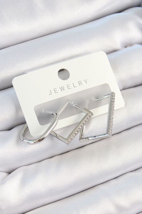 YRTCL Pirinç Zirkon Taşlı Dikdörtgen Model Gümüş Renk 3'lü Çift Kadın Küpe Set