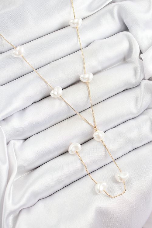 YRTCL Pirinç İncili Kalp Figürlü Y Model Gold Renk Kadın Kolye