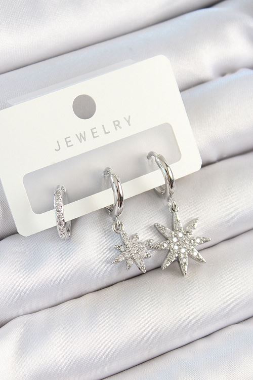 YRTCL Pirinç Zirkon Taşlı Kutup Yıldızı Model Gümüş Renk 3'lü Çift Kadın Küpe Set