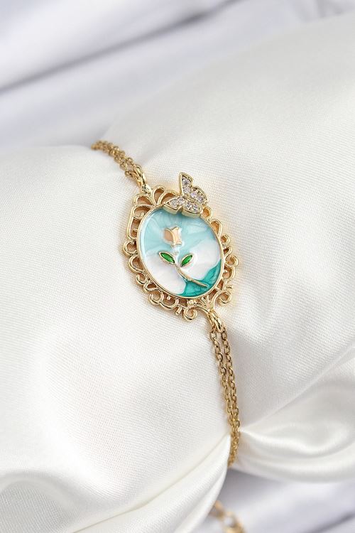 YRTCL 316L Çelik Zincir Mineli Sanatsal Portre Zirkon Taşlı Kelebek Detaylı Çiçek Model Gold Renk Kadın Bileklik