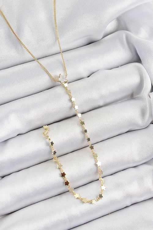 YRTCL Pirinç Zirkon Taşlı Yıldız Figürlü Y Model Gold Renk Kadın Kolye