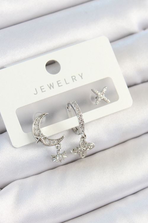 YRTCL Pirinç Zirkon Taşlı Çiçek Ve Ay Model Gümüş Renk 3'lü Çift Kadın Küpe Set