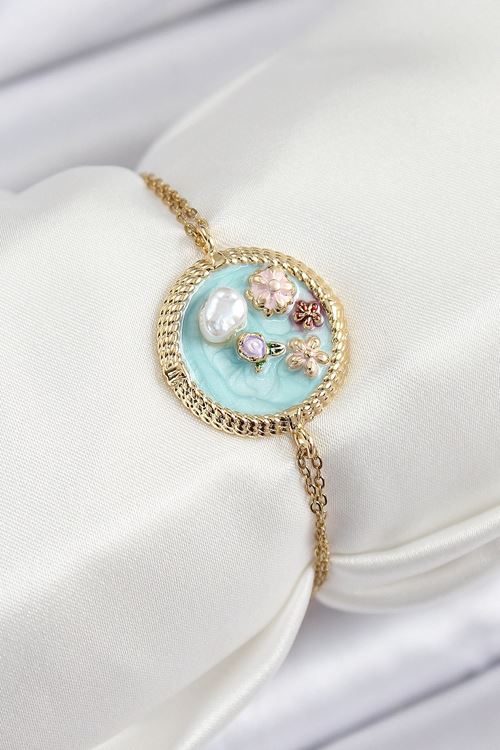 YRTCL 316L Çelik Zincir Turkuaz Mineli Sanatsal Portre İnci Detaylı Çiçek Model Gold Renk Kadın Bileklik