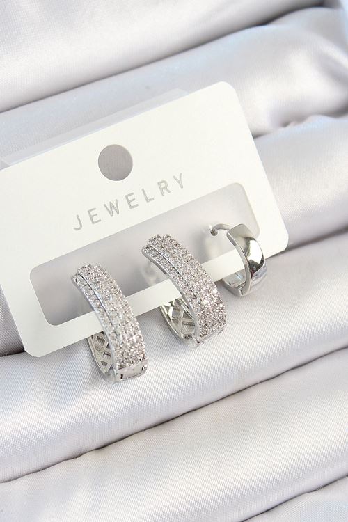 YRTCL Pirinç Zirkon Taşlı Damla Model Gümüş Renk 3'lü Çift Kadın Küpe Set