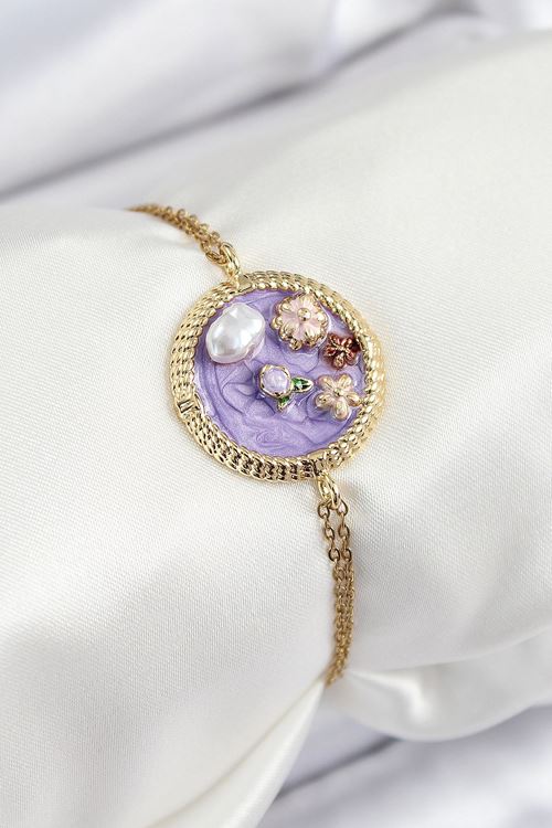 YRTCL 316L Çelik Zincir Mor Mineli Sanatsal Portre İnci Detaylı Çiçek Model Gold Renk Kadın Bileklik