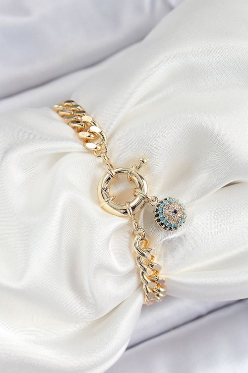 YRTCL Pirinç Nazar Model Zirkon Taşlı Gold Renk VİP Seri Kadın Bileklik