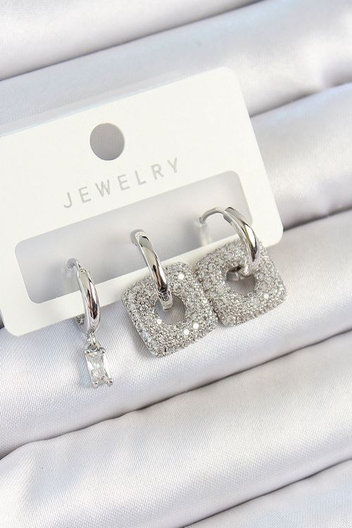 YRTCL Pirinç Zirkon Taşlı Kare Model Gümüş Renk 3'lü Çift Kadın Küpe Set