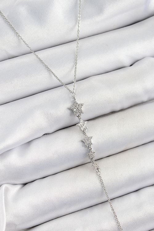 YRTCL Pirinç Zirkon Taşlı Sıralı Yıldız Figürlü Y Model Gümüş Renk Kadın Kolye