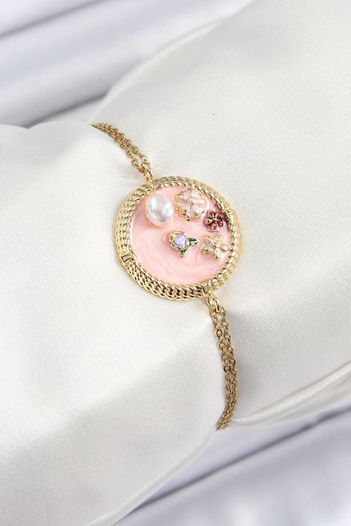 YRTCL 316L Çelik Zincir Pembe Mineli Sanatsal Portre İnci Detaylı Çiçek Model Gold Renk Kadın Bileklik