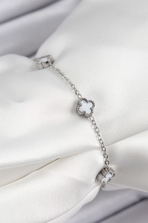 YRTCL 316L Çelik Beyaz Sedef Yonca Model Gümüş Renk Kadın Bileklik