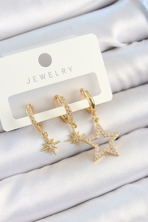 YRTCL Pirinç Zirkon Taşlı Yıldız Model Gold Renk 3'lü Çift Kadın Küpe Set