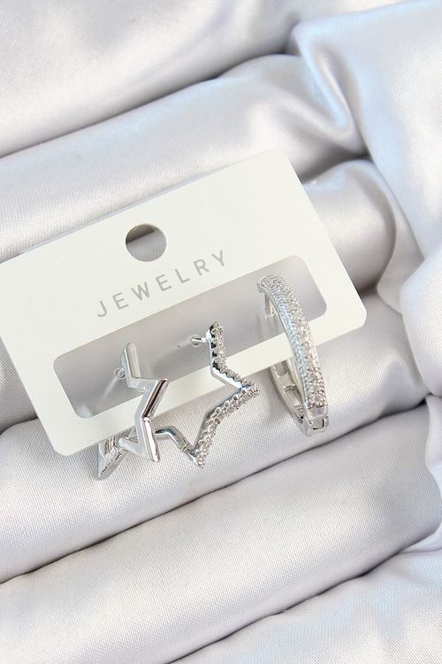 YRTCL Pirinç Zirkon Taşlı Yıldız Ve Halka Model Gümüş Renk 3'lü Çift Kadın Küpe Set