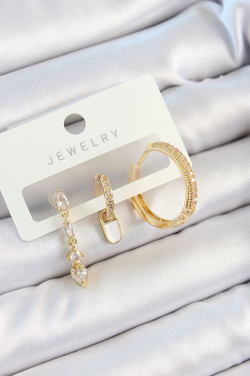 YRTCL Pirinç Zirkon Taşlı Sallantılı Model Gold Renk 3'lü Çift Kadın Küpe Set