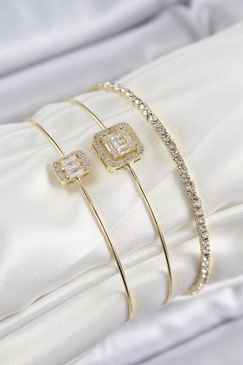 YRTCL Pirinç Zirkon Taşlı Baget Model Gold Renk Vip 3'lü Kadın Bileklik