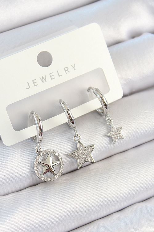 YRTCL Pirinç Zirkon Taşlı Yıldız Model Gümüş Renk 3'lü Çift Kadın Küpe Set