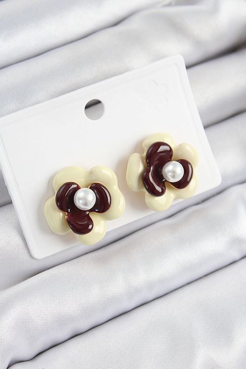 YRTCL İnci Detaylı Krem Kahverengi Renk Papatya Model Kadın Küpe