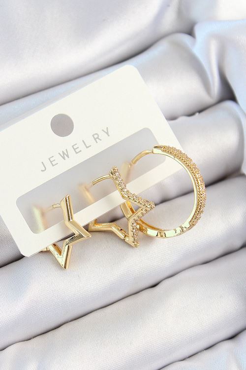 YRTCL Pirinç Zirkon Taşlı Yıldız Ve Halka Model Gold Renk 3'lü Çift Kadın Küpe Set