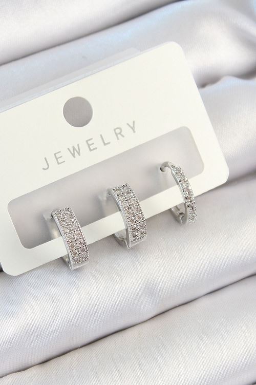 YRTCL Pirinç Zirkon Taşlı Halka Model Gümüş Renk 3'lü Çift Kadın Küpe Set