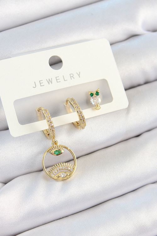 YRTCL Pirinç Zirkon Taşlı Göz Ve Baykuş Model Gold Renk 3'lü Çift Kadın Küpe Set