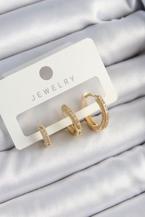 YRTCL Pirinç Zirkon Taşlı Halka Model Gold Renk 3'lü Çift Kadın Küpe Set