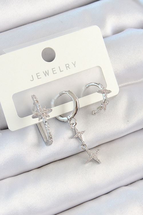 YRTCL Pirinç Zirkon Taşlı Kelebek Ve Sallantılı Yıldız Model Gümüş Renk 3'lü Çift Kadın Küpe Set